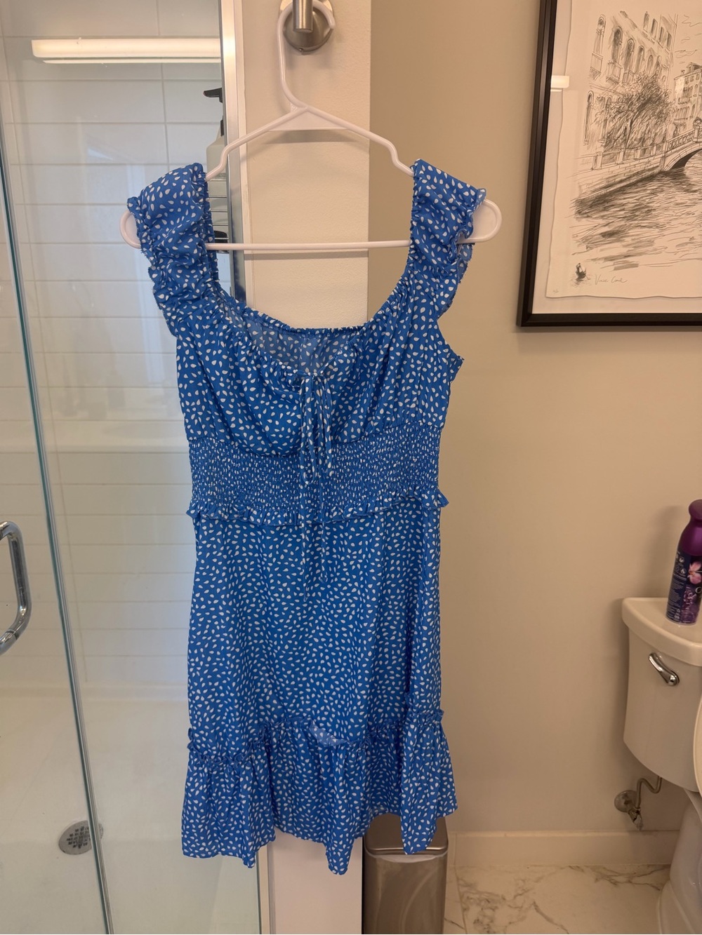 Womens Blue Ruffled Smocked Sundress - Cute Dot Print